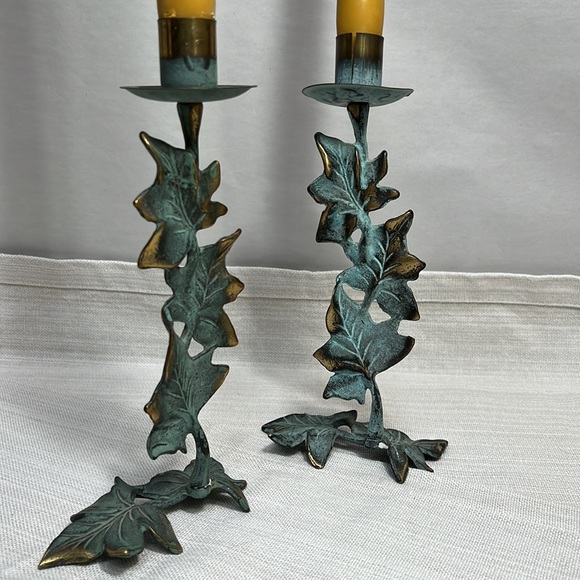 PartyLite VINTAGE BRASS PATINA IVY CANDLESTICKS - Picture 10 of 11